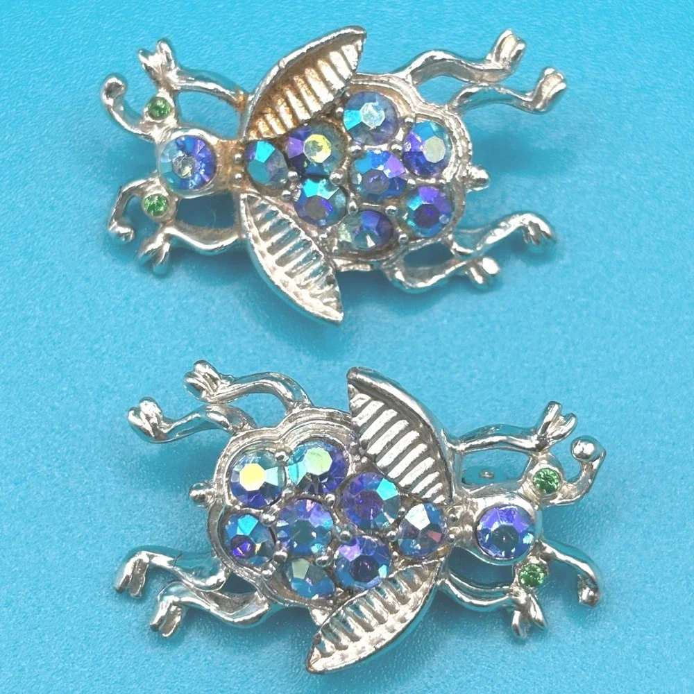 Vintage Rhinestone Ladybug Brooch Pin Set Blue Green Silver‎ Tonen